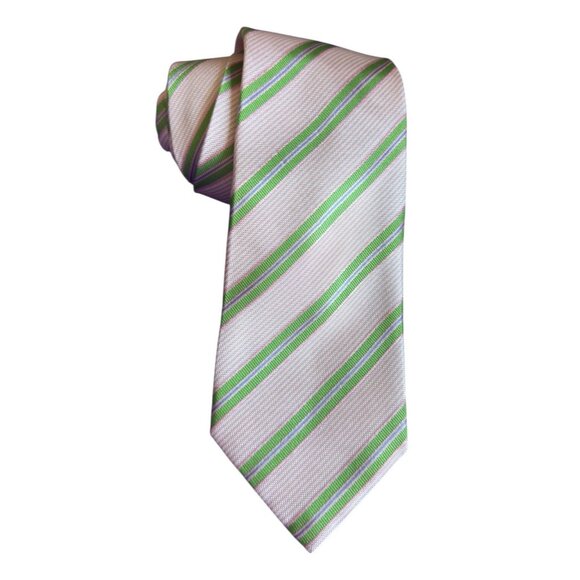 Altea Milano Made in Italy Pink Green White Striped Silk Tie - Picture 1 of 6